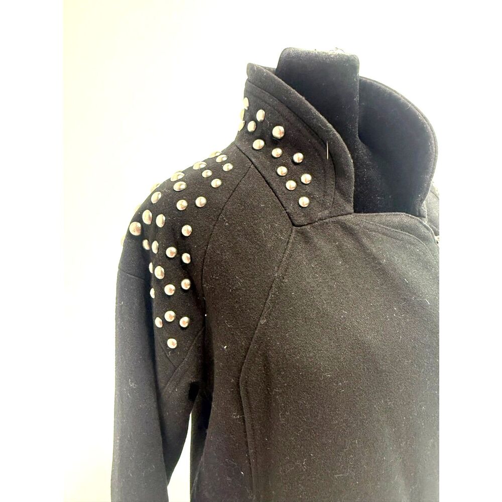 H&M black wool studded shoulder long moto jacket - Picture 4 of 10